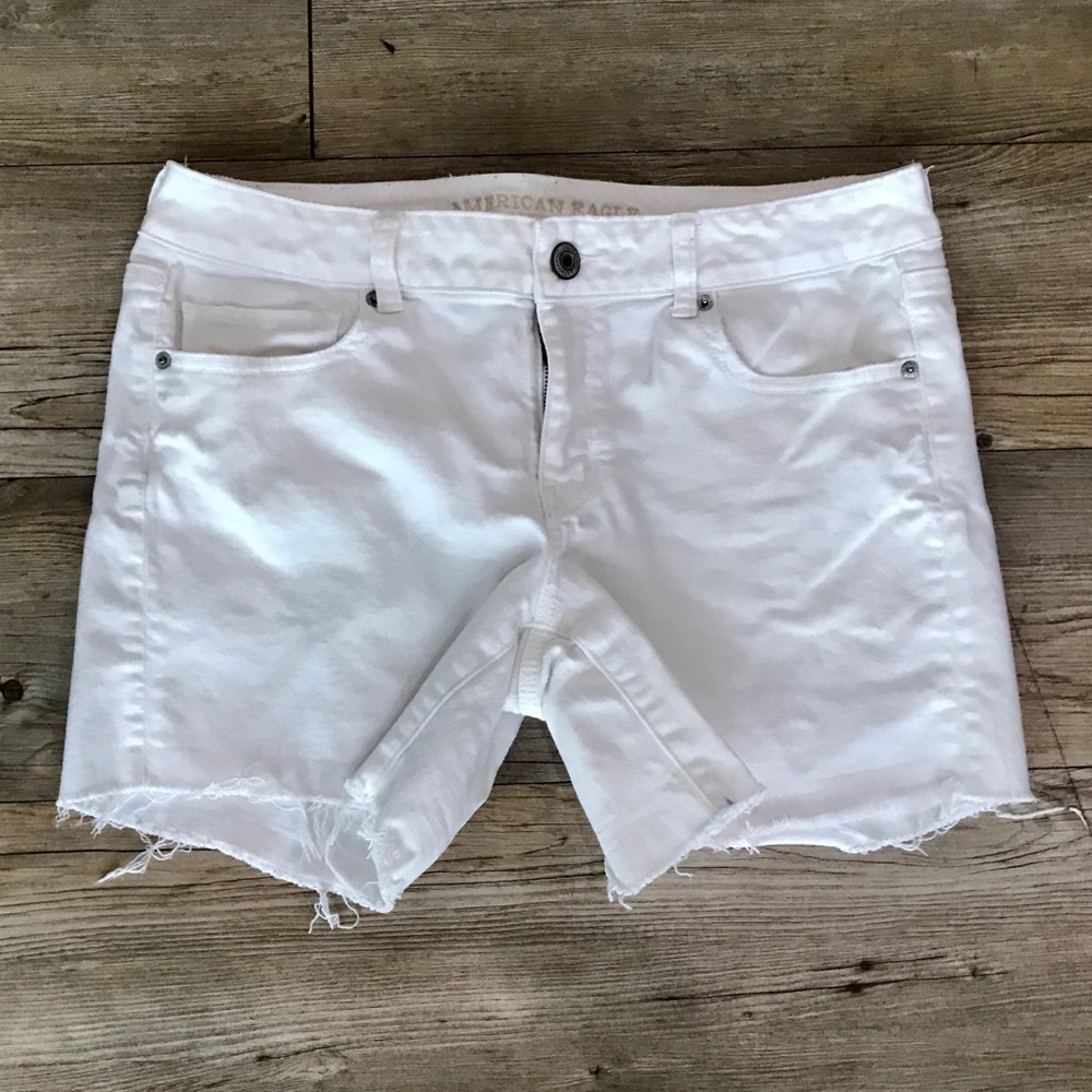 American Eagle White Denim Midi Stretch Shorts